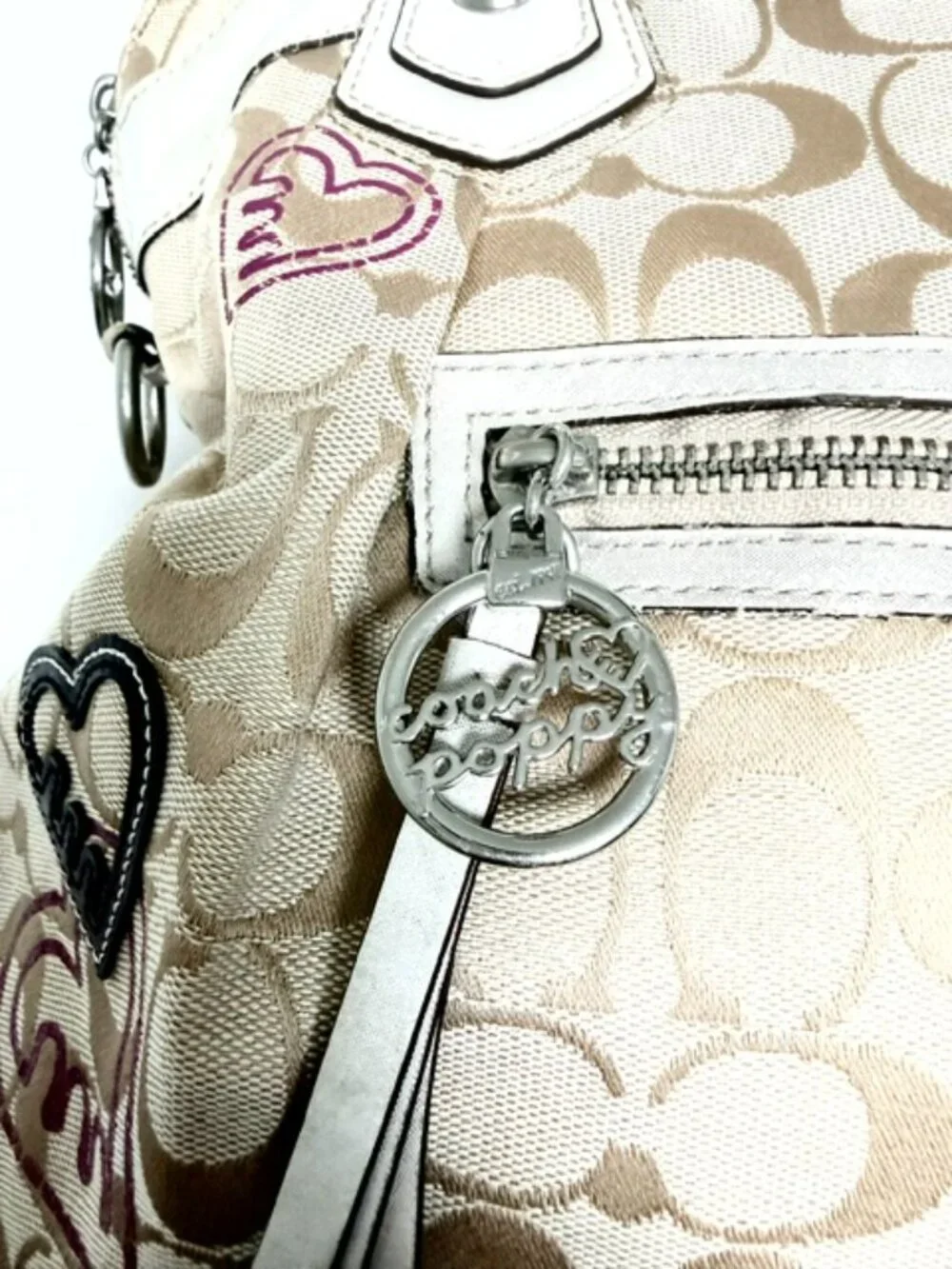 Coach Beige Signature Canvas Floral Poppy Satchel with Purple Accents